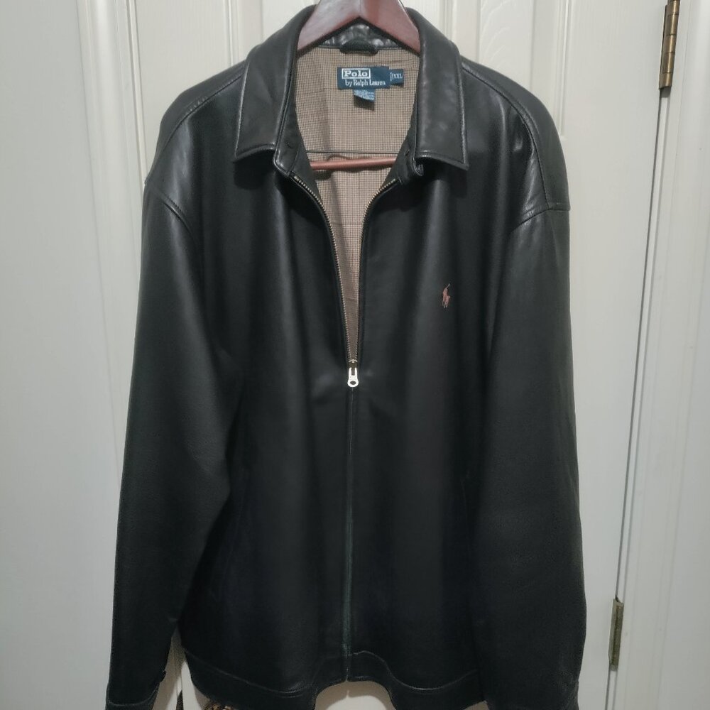 Polo Ralph Lauren 2XL Leather Black Jacket Adult Herringbone Lining EUC